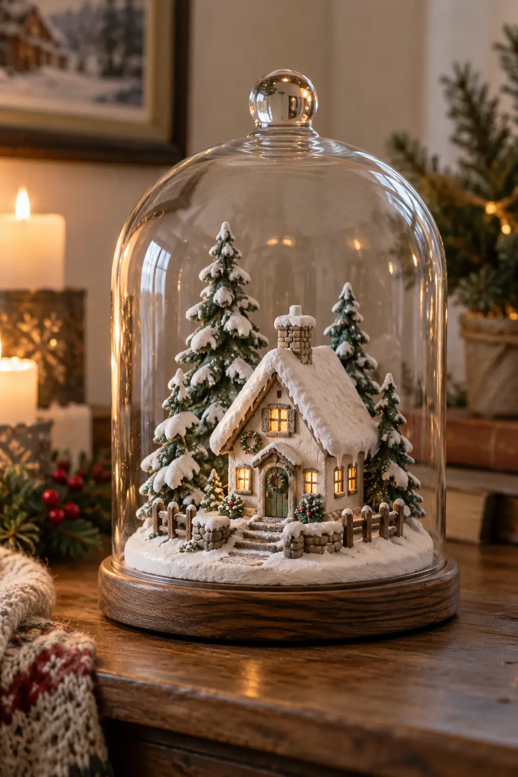 A miniature snowy house and trees displayed under a clear dome