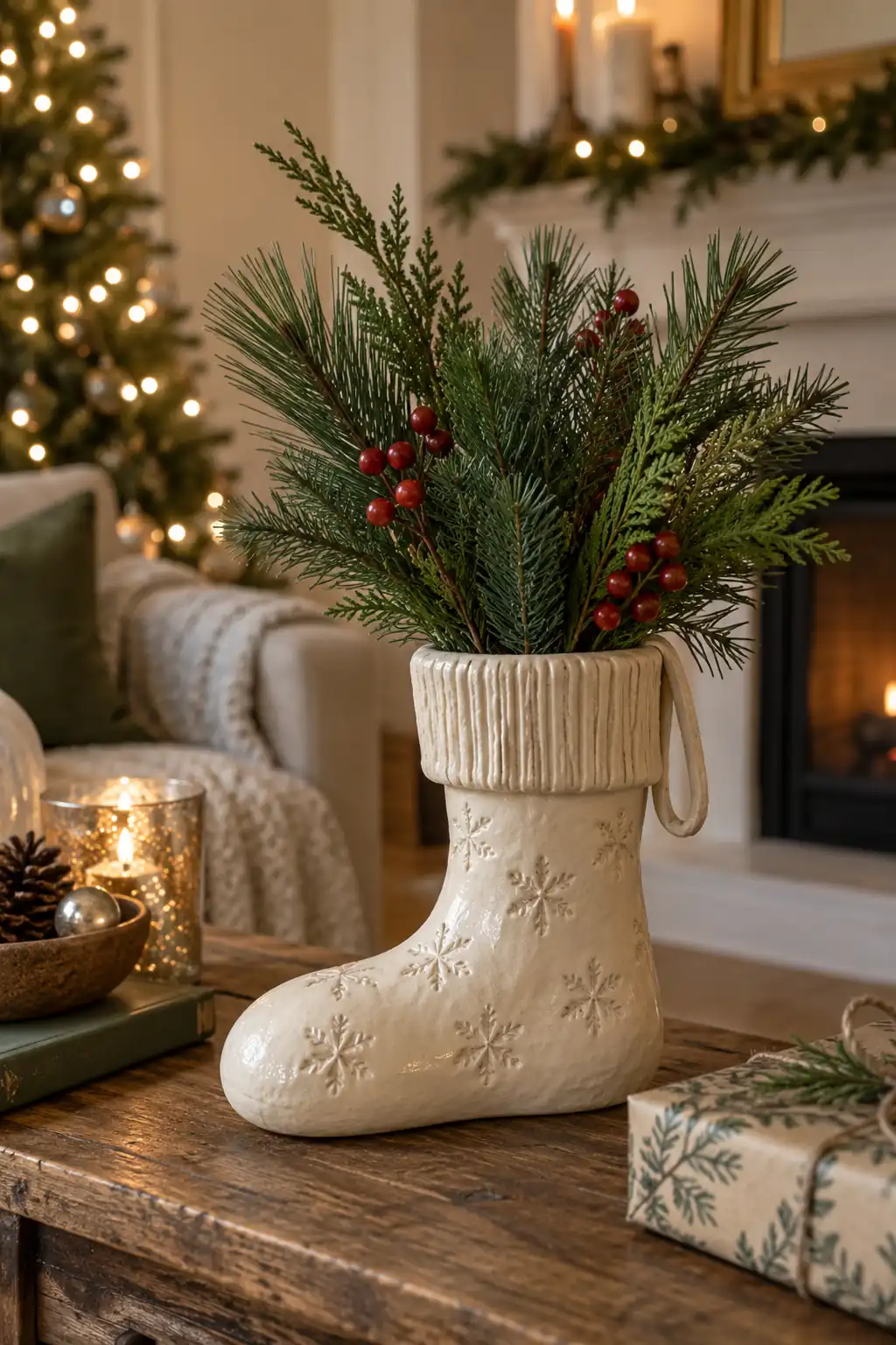 A cream stocking-shaped vessel filled with evergreen stems