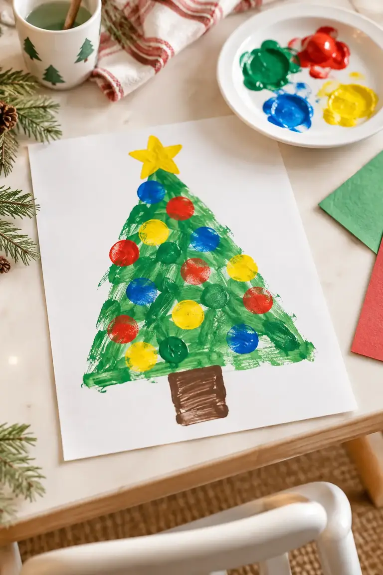 A painted green Christmas tree decorated with colorful fingerprints