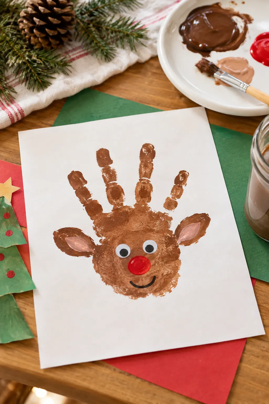 A brown handprint made into a reindeer with a red nose