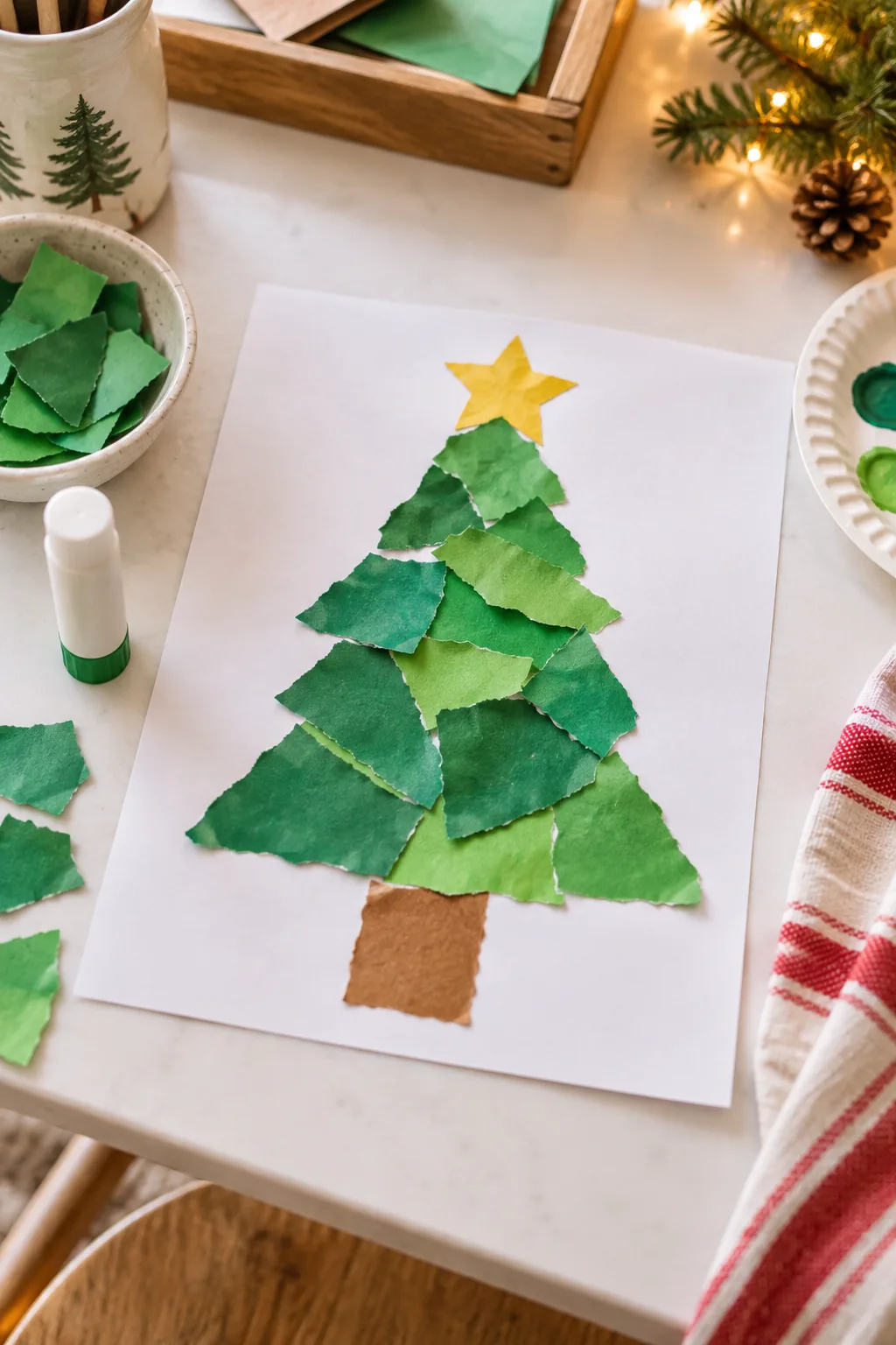 Overlapping pieces of green paper form a tree on white cardstock