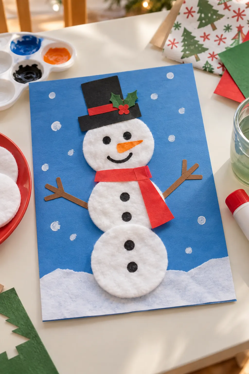 A snowman made from white cotton pads on blue paper