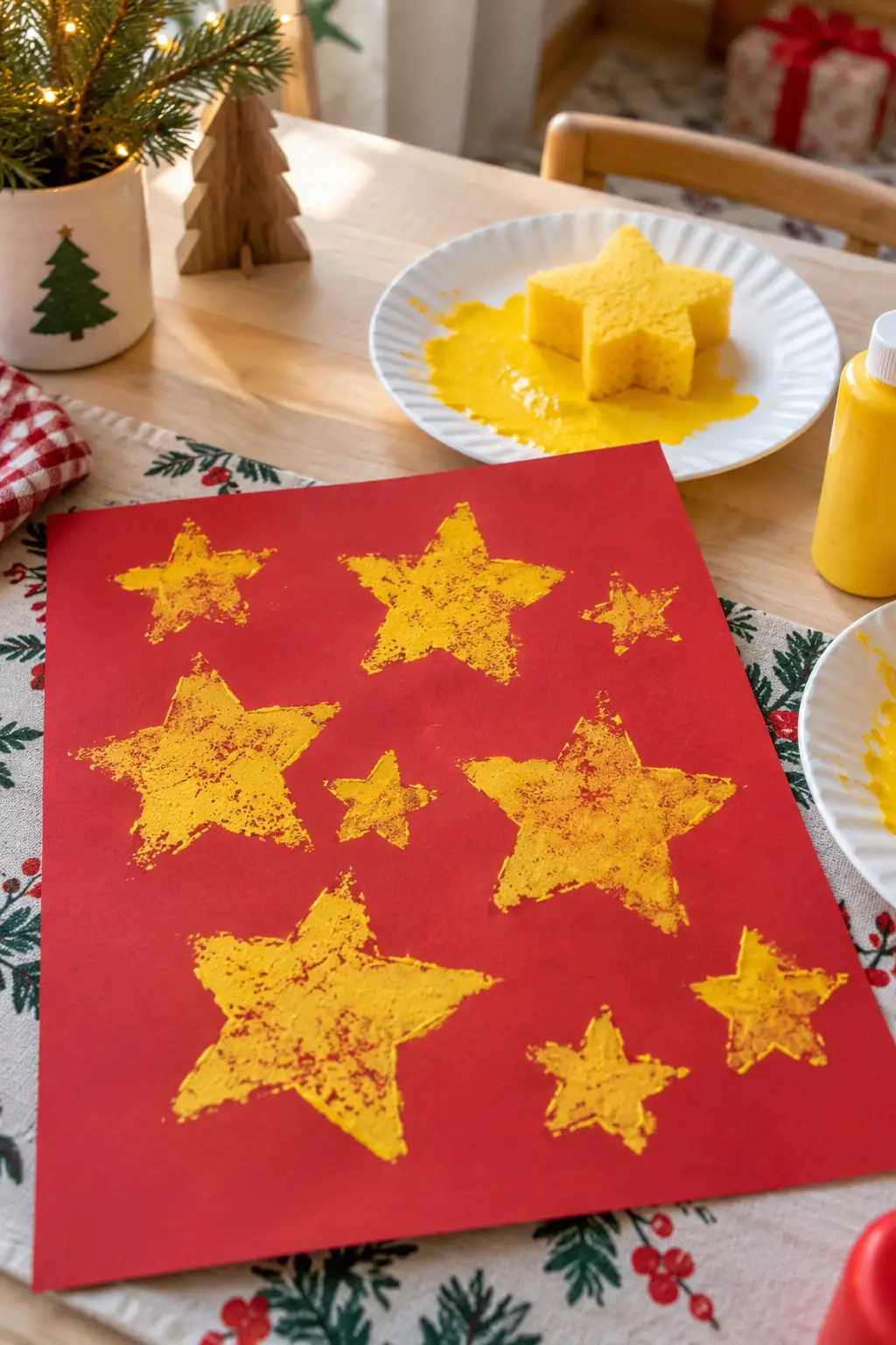 Yellow sponge-painted stars scattered across red paper