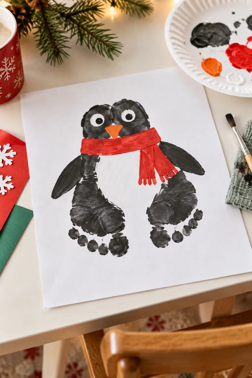 Two black footprint penguins with red scarves on white paper
