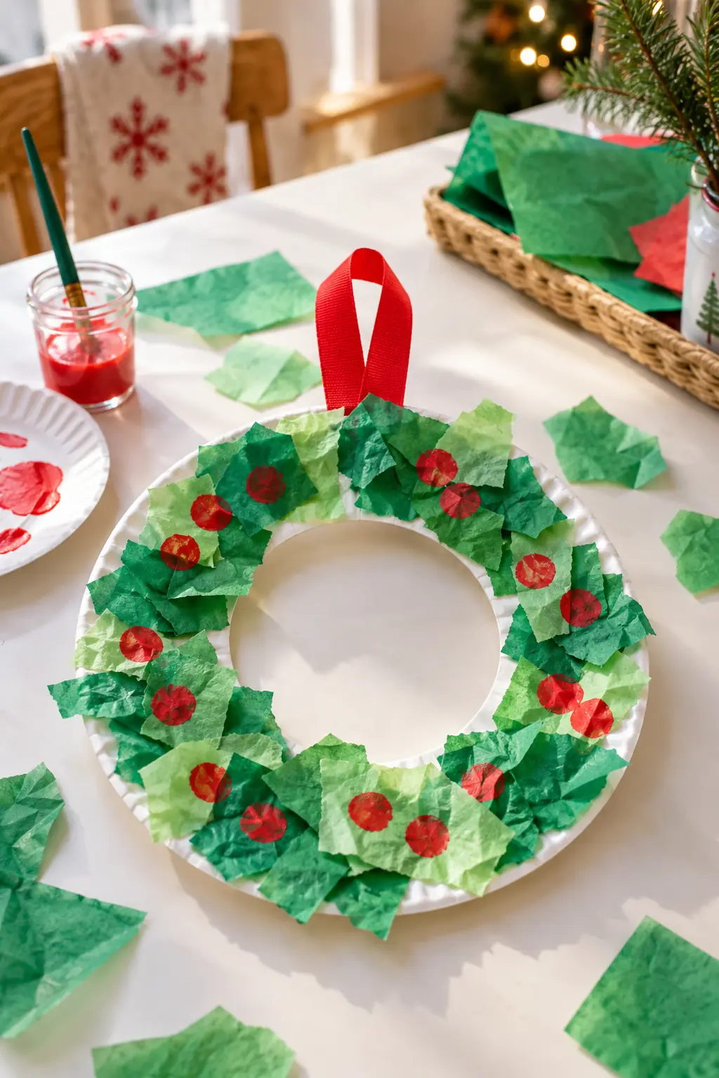 A green paper-plate wreath decorated with tissue paper and a red ribbon