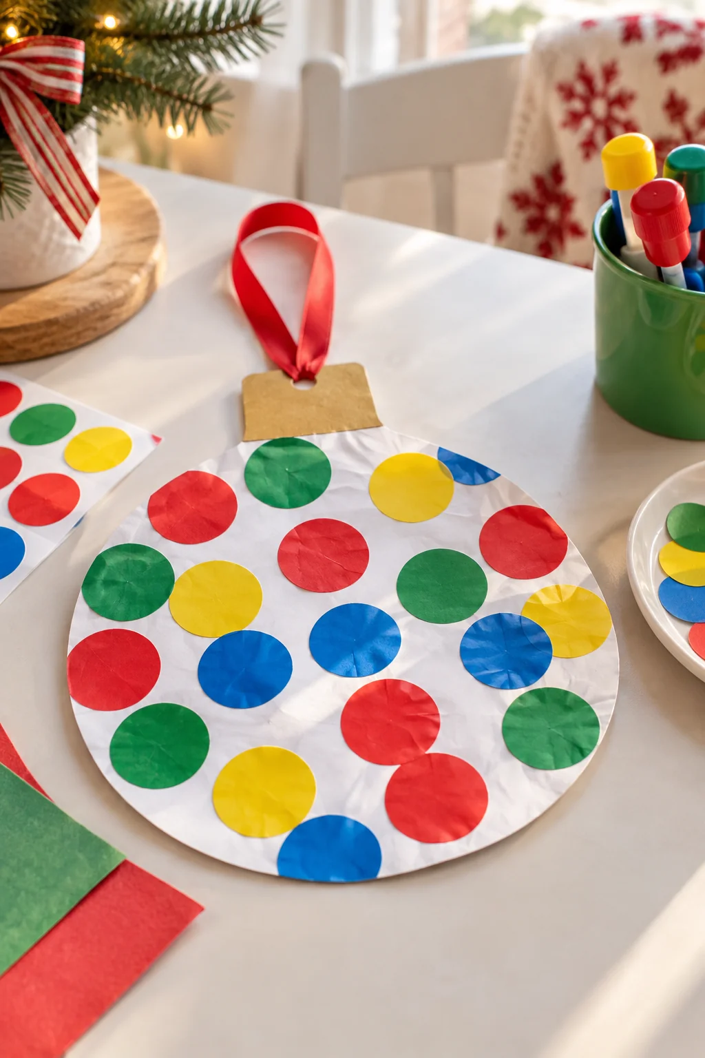 A round white paper ornament covered in colorful dots