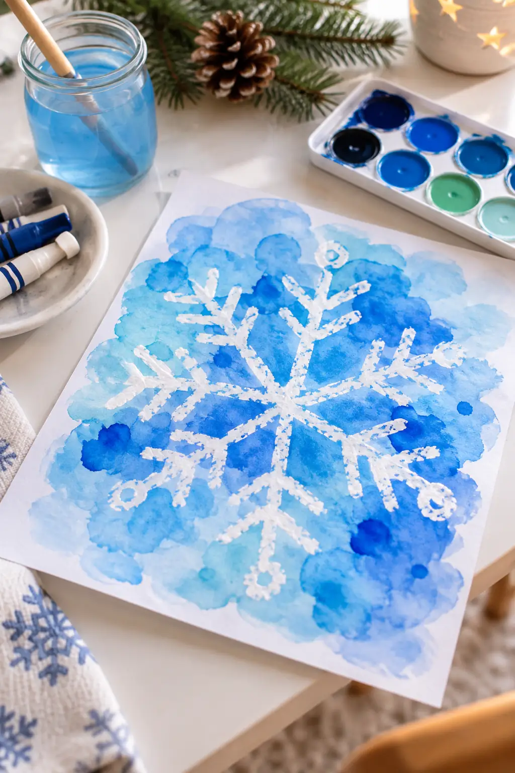 White snowflake lines showing through a blue watercolor wash