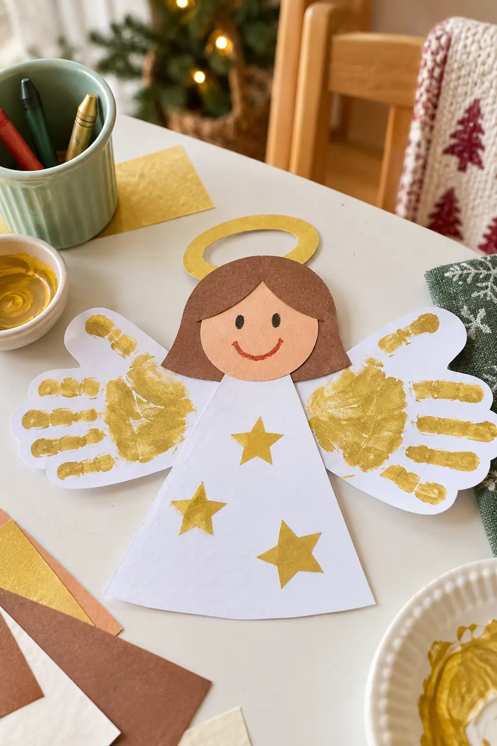 A paper angel with golden handprint wings and a white dress