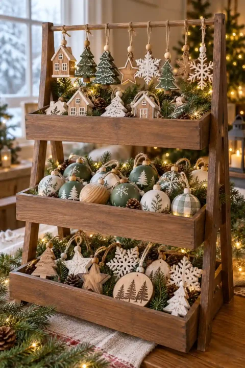 Tiered wooden ornament booth display, one of these christmas craft show ideas