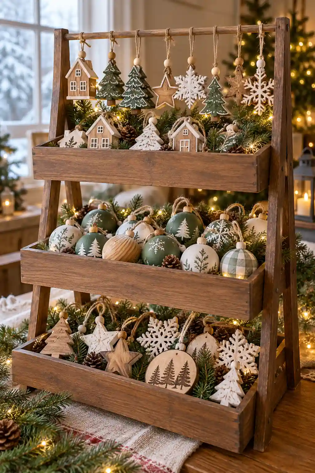 Tiered wooden ornament booth display, one of these christmas craft show ideas