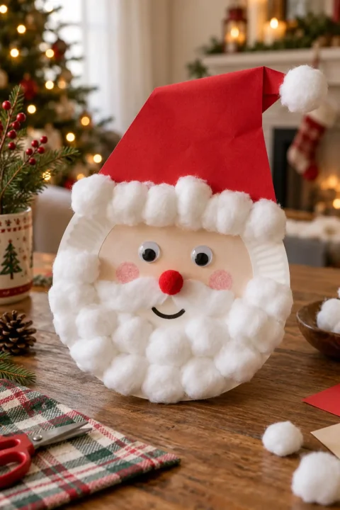 A Santa face made from a paper plate with a red hat and white beard