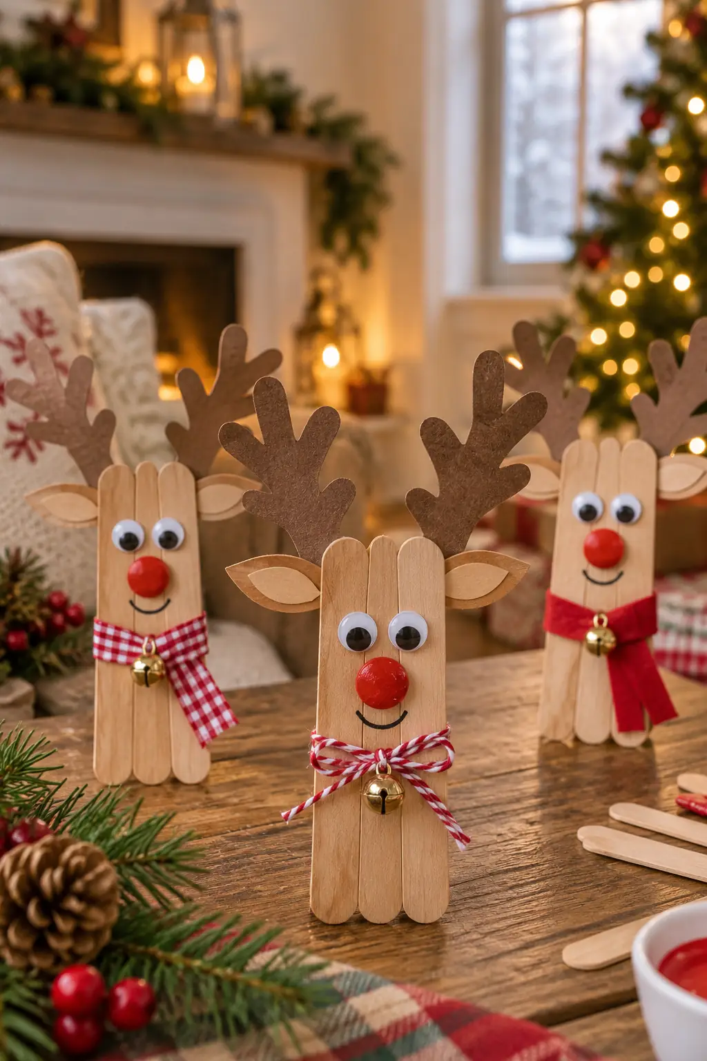 Reindeer made from wooden craft sticks with paper antlers and scarves