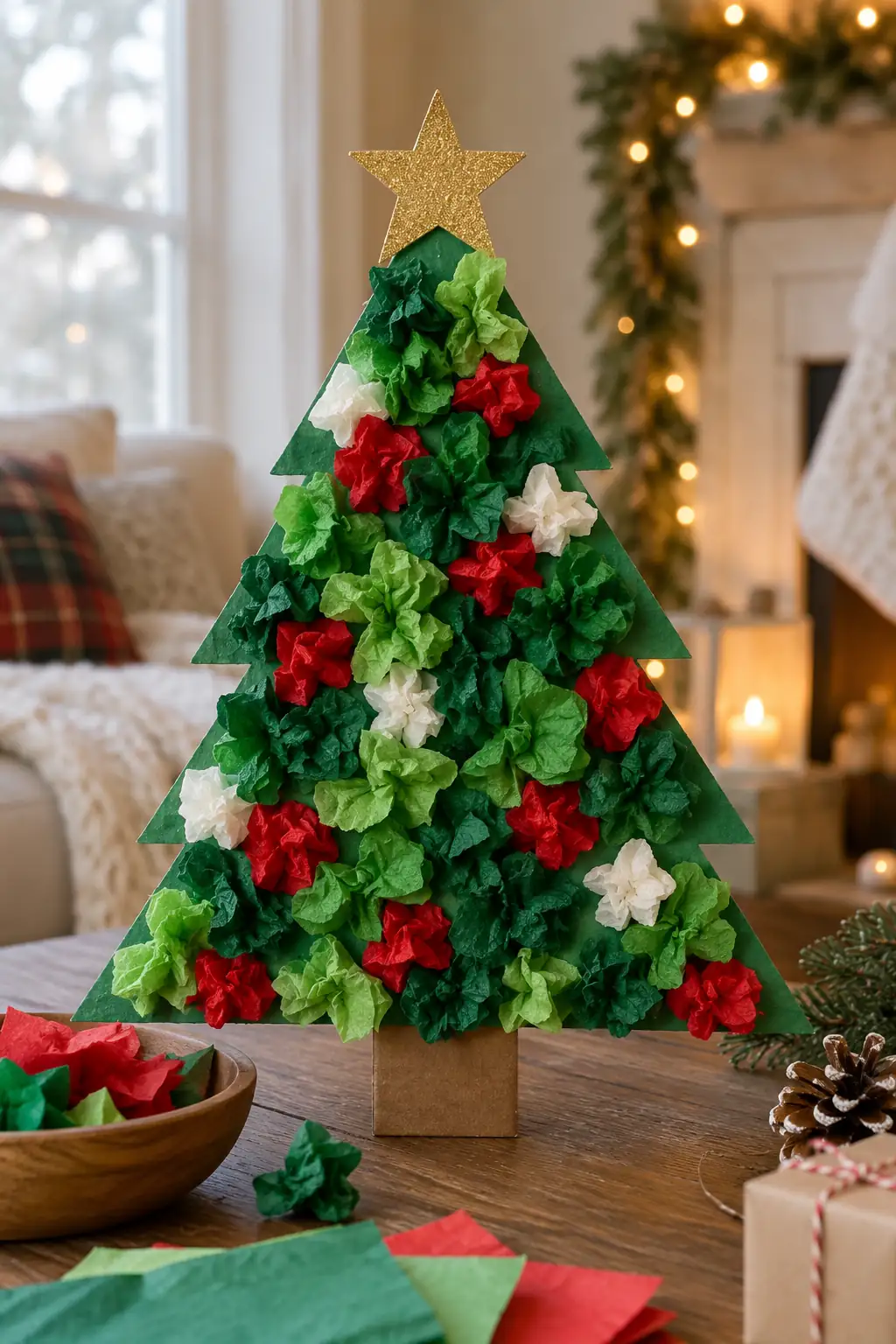 A cone-shaped tree covered in green tissue with red decorations