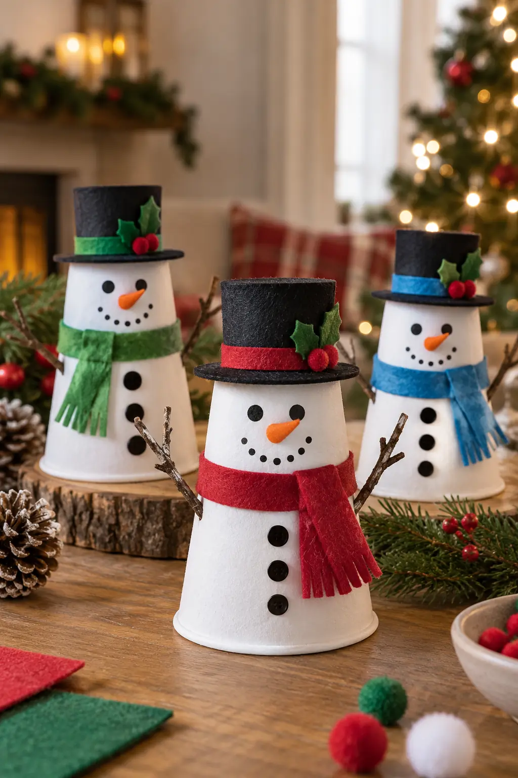 White paper-cup snowmen with black hats and colorful scarves