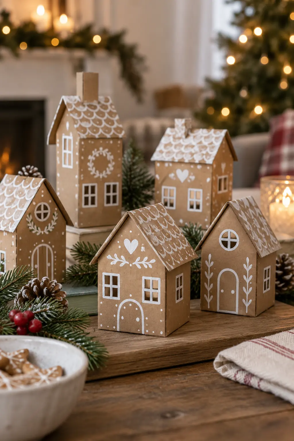 Small brown cardboard houses with white icing-like roof details