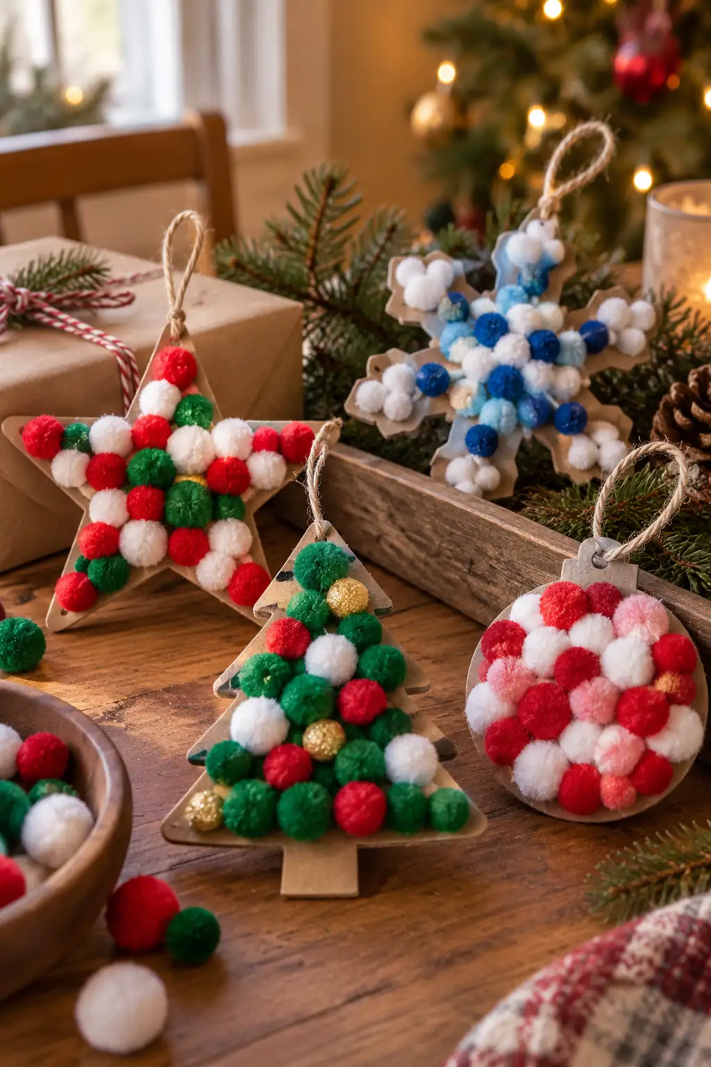 Small festive shapes decorated with colorful pom-poms and hanging loops