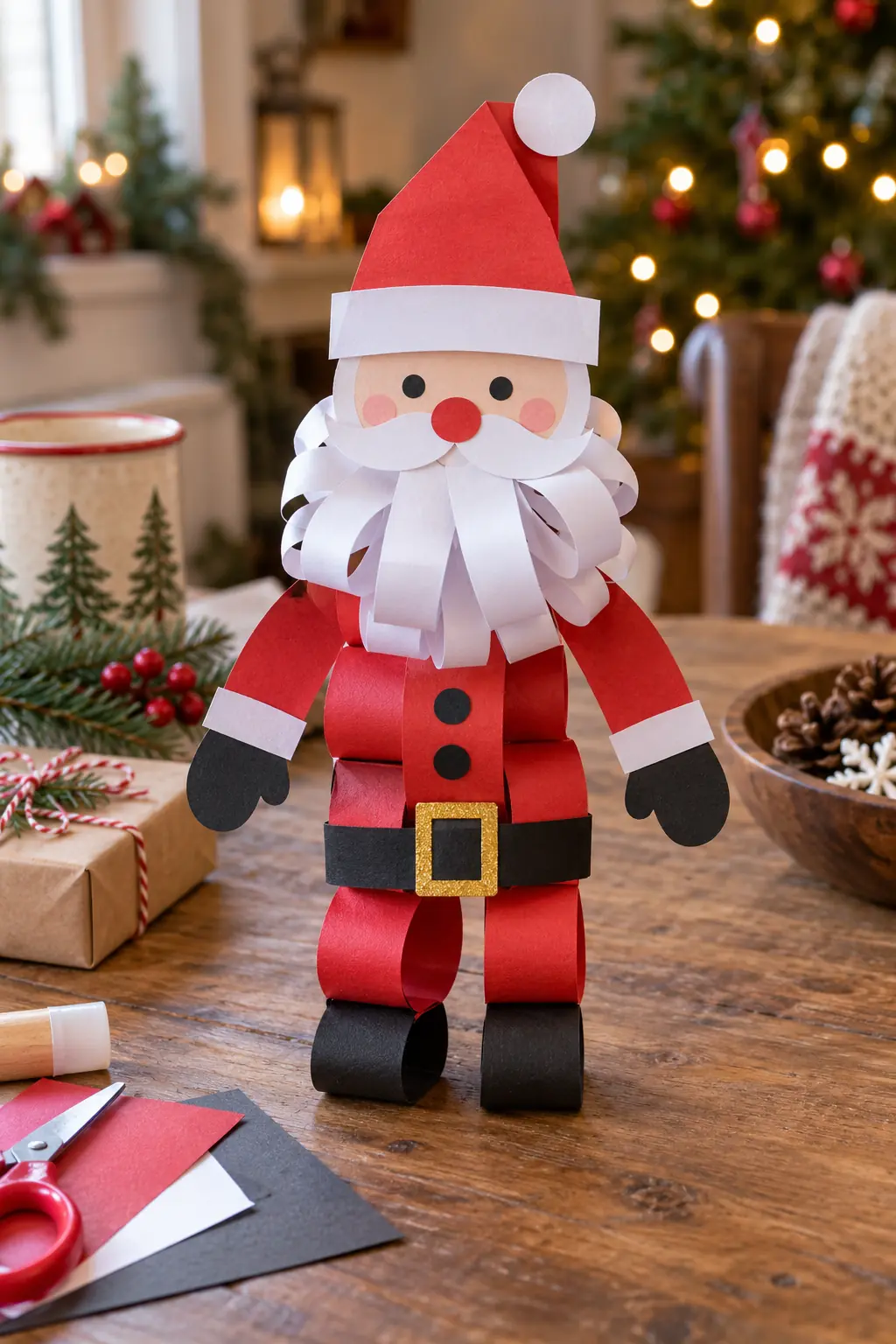 A paper Santa with a red body and linked paper-chain legs