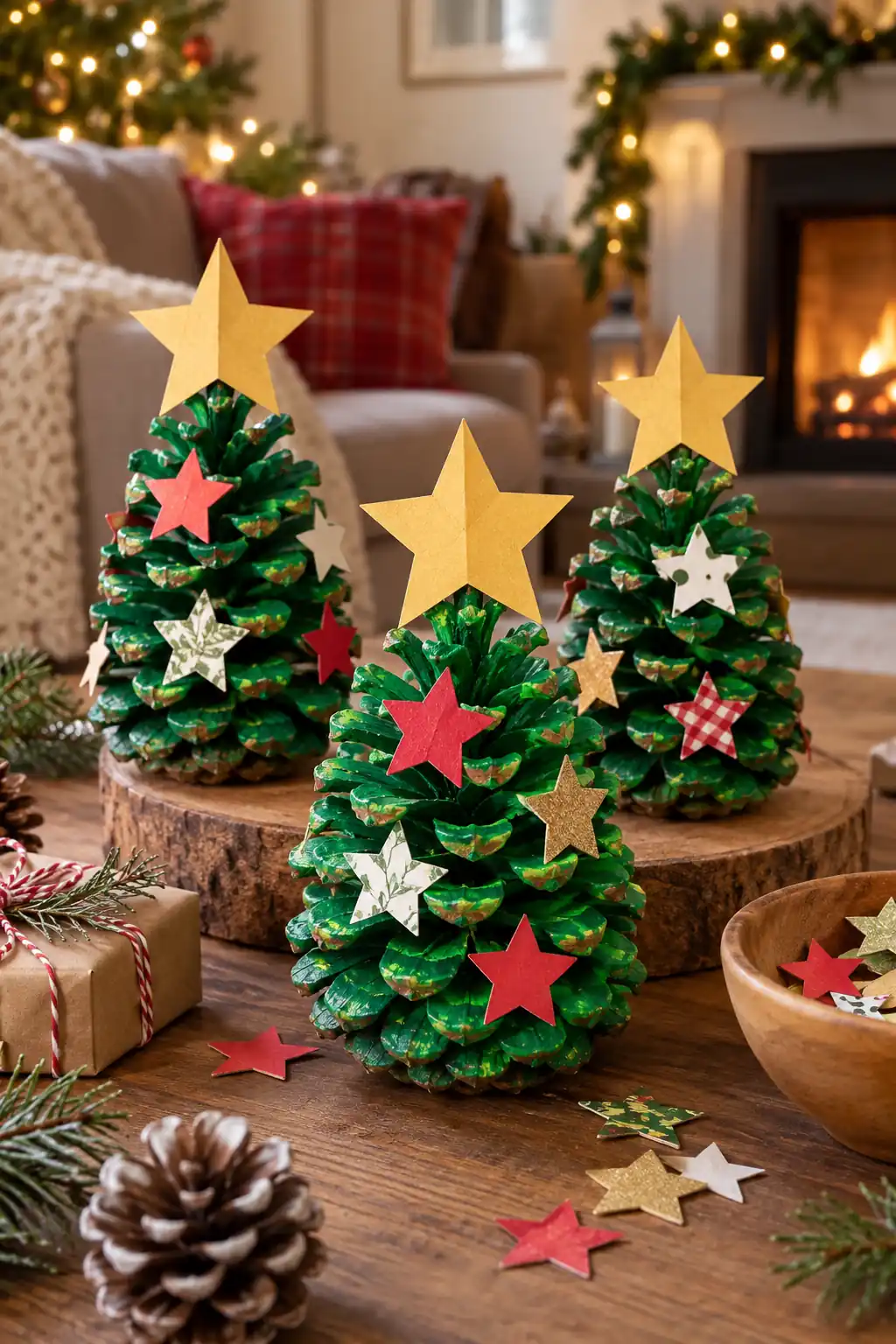 Green-painted pinecones decorated as small Christmas trees