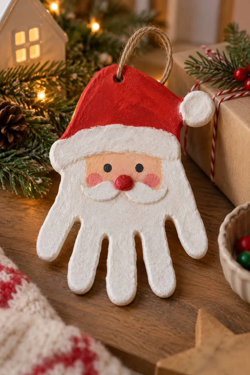 A hand-shaped ornament painted as Santa with a red hat and white beard