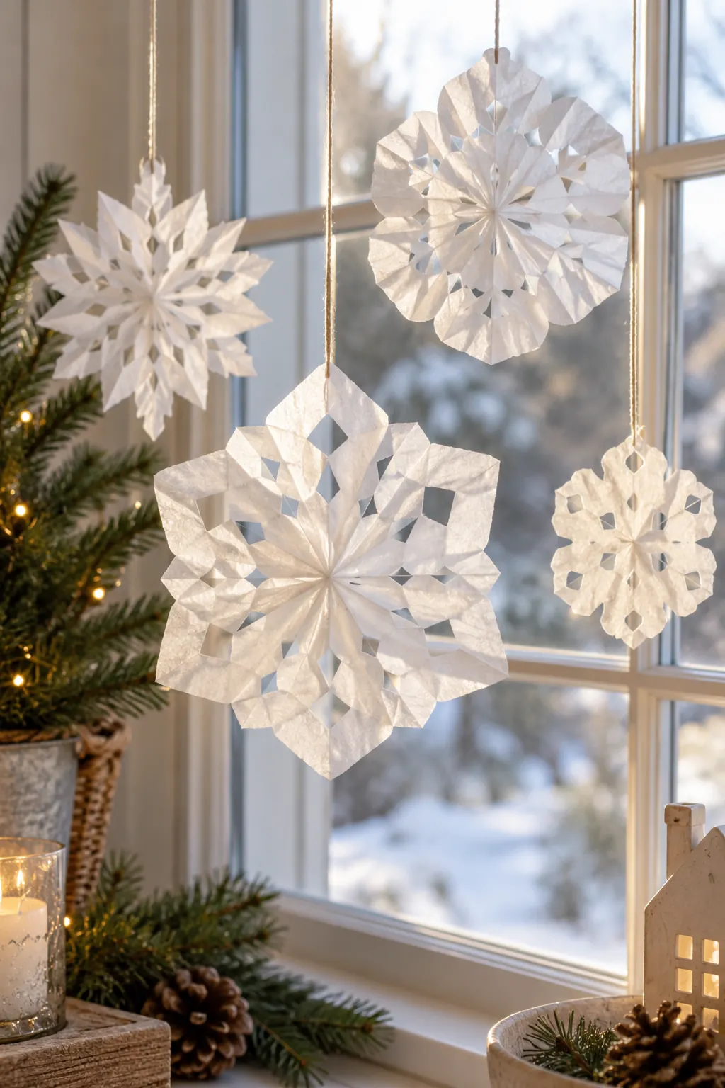 Folded white paper snowflakes hanging in a window