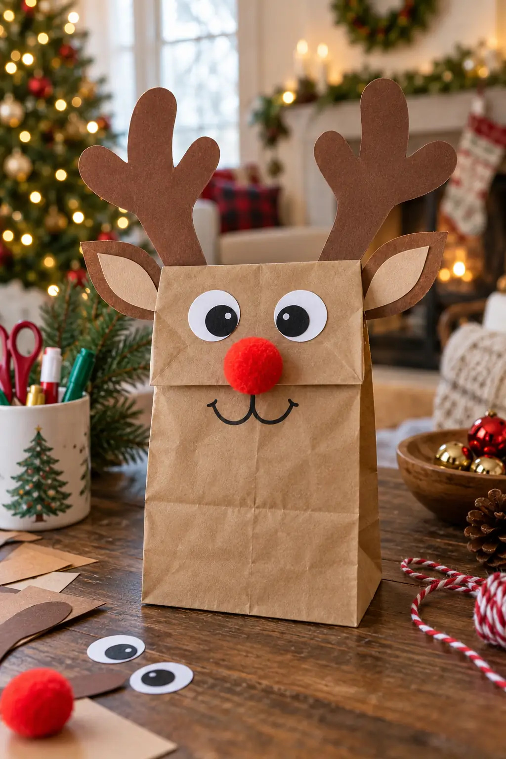 A brown paper-bag puppet with antlers and a red nose