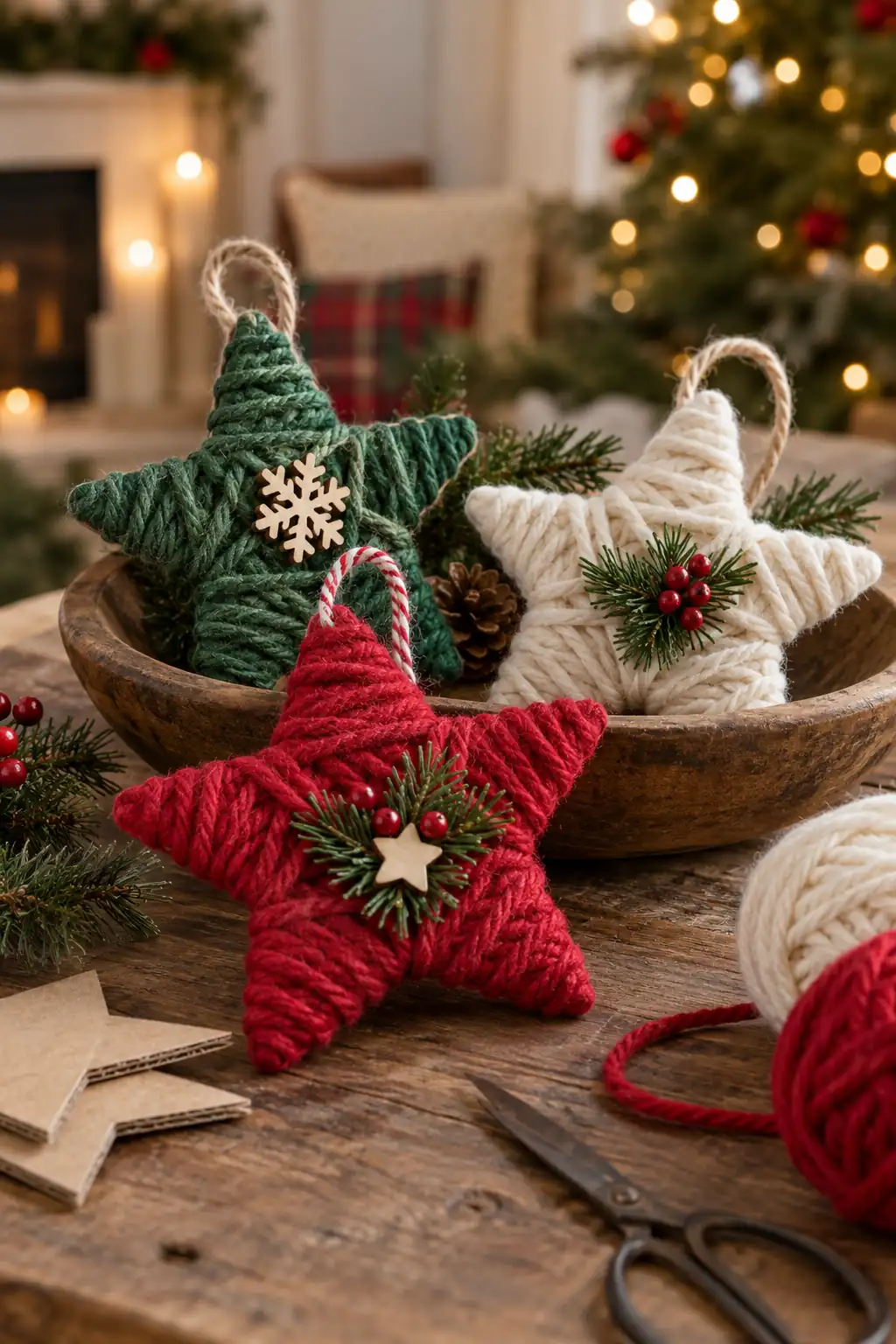 Red, green and cream yarn stars arranged in a basket