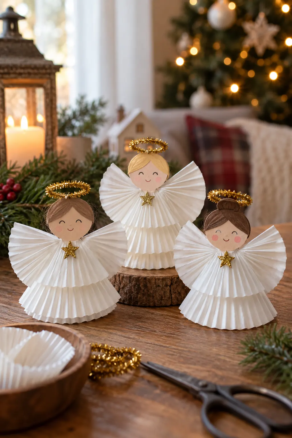 White folded cupcake liners arranged into small paper angels