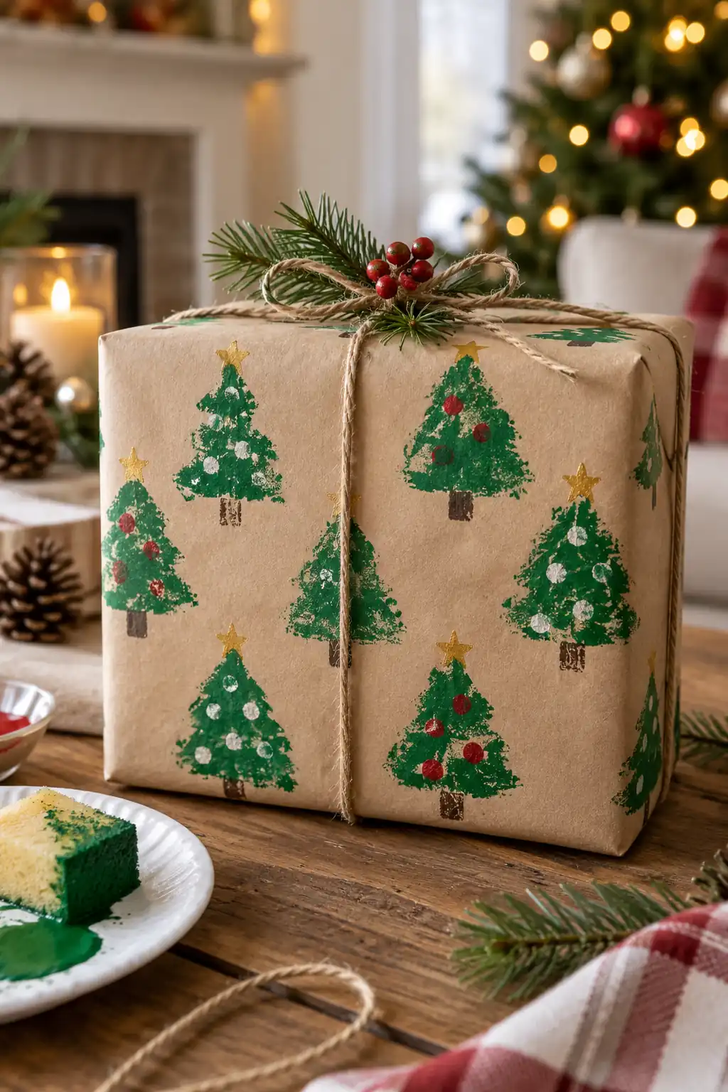 Brown wrapping paper printed with green trees and red accents