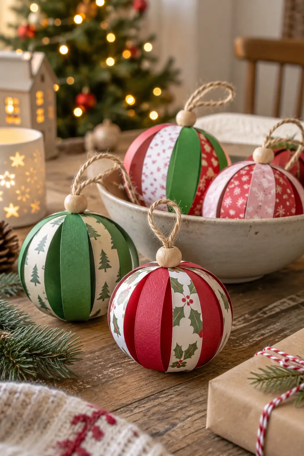 Round ornaments formed from curved red, green and patterned paper strips