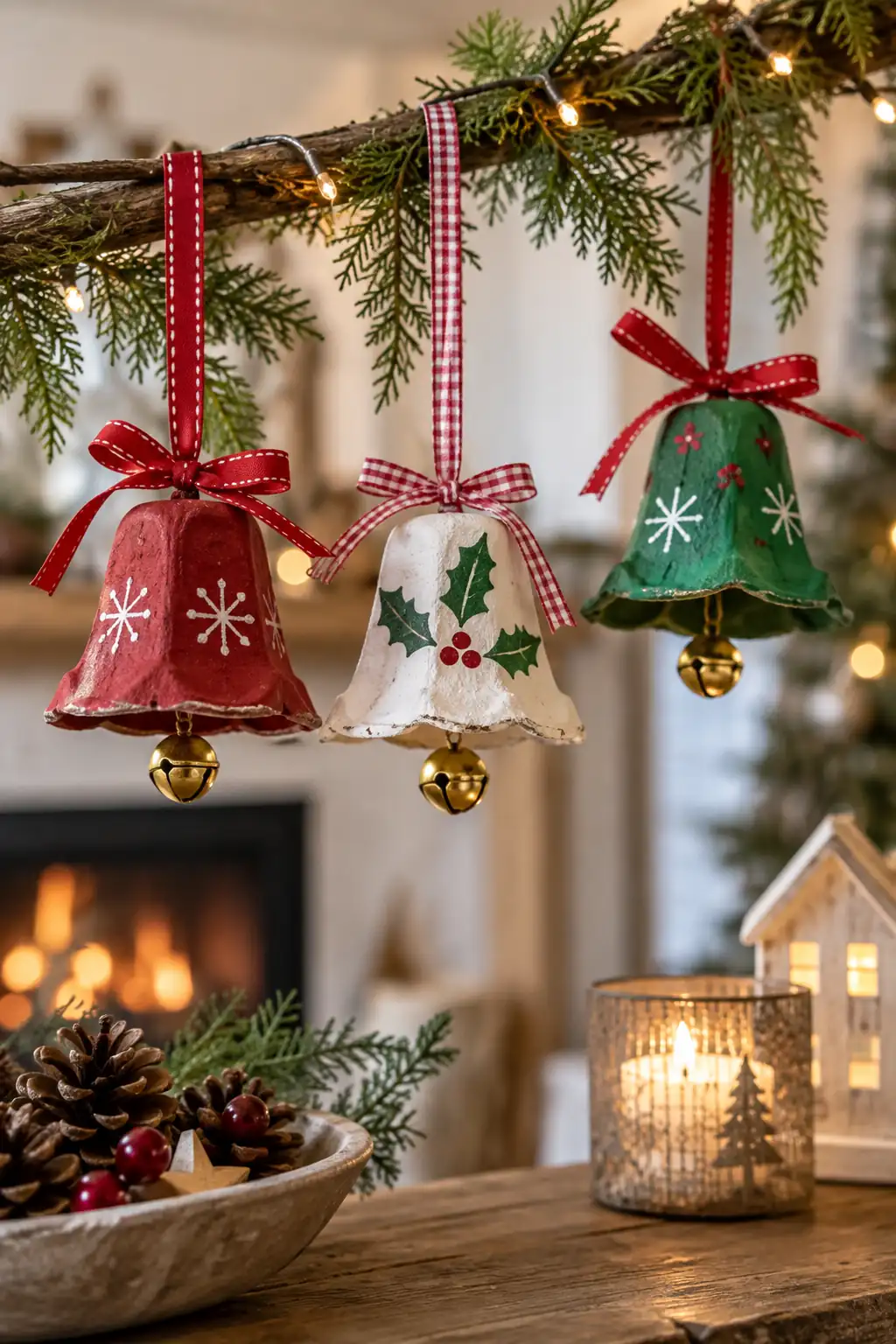 Painted bell shapes hanging from red and green ribbons