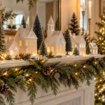 Ceramic winter village on a mantel, one of these christmas display ideas