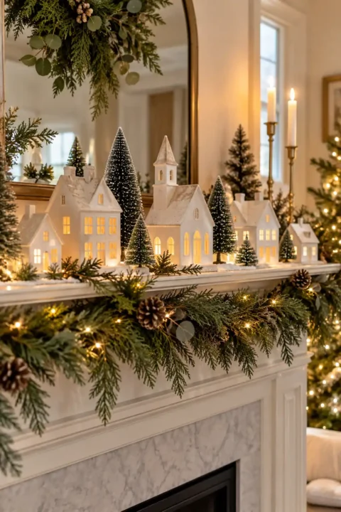 Ceramic winter village on a mantel, one of these christmas display ideas