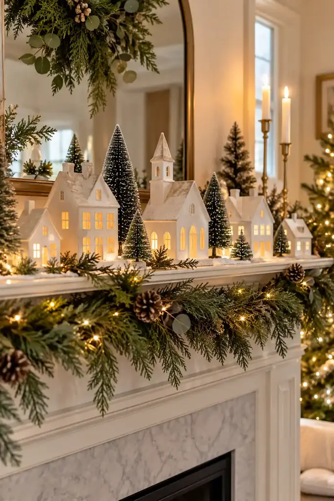 Ceramic winter village on a mantel, one of these christmas display ideas
