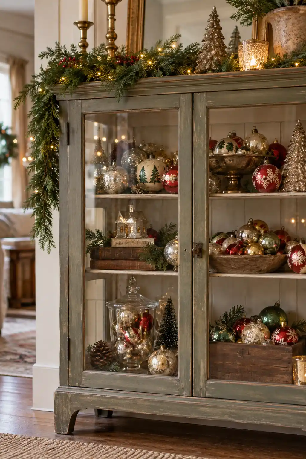 03 glass cabinet vintage ornaments