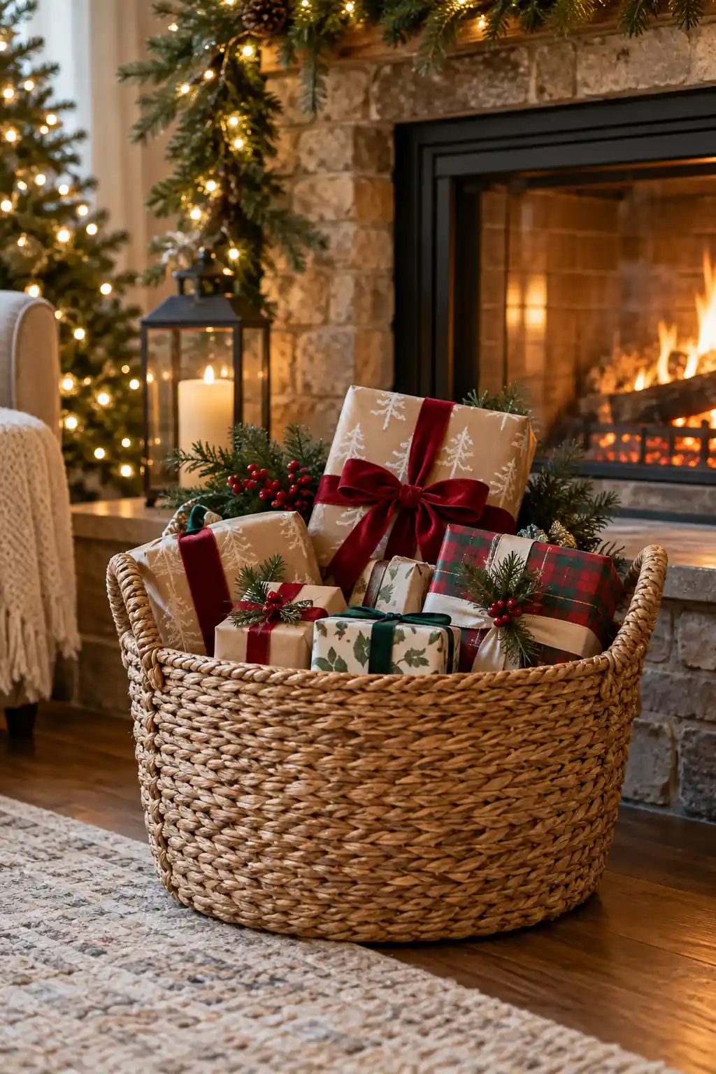 12 fireplace basket of wrapped gifts