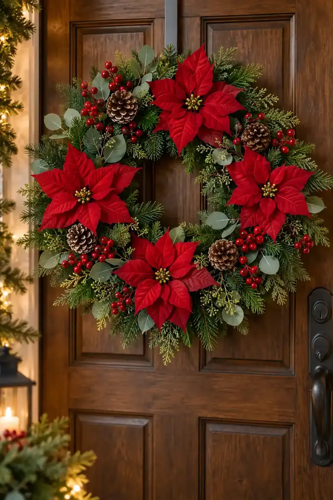 Red poinsettia wreath, one of these christmas door decoration ideas
