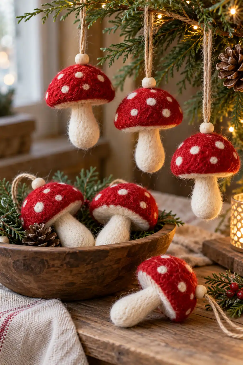 12 felted mushroom ornaments