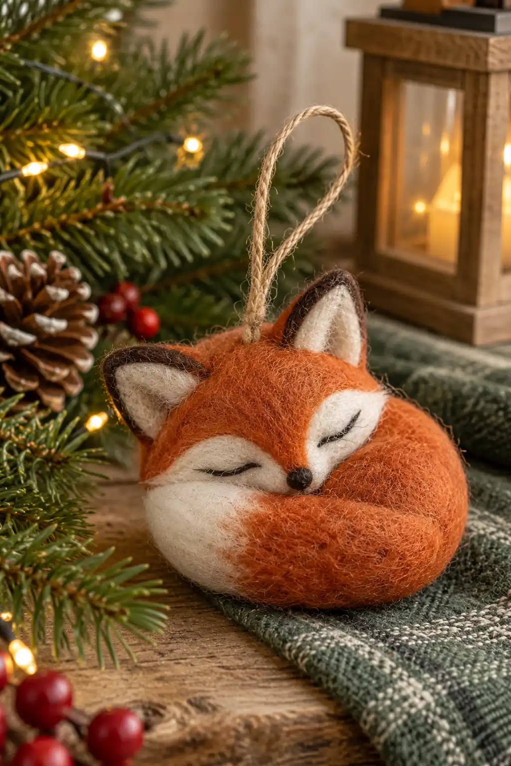 13 felted sleeping fox ornament