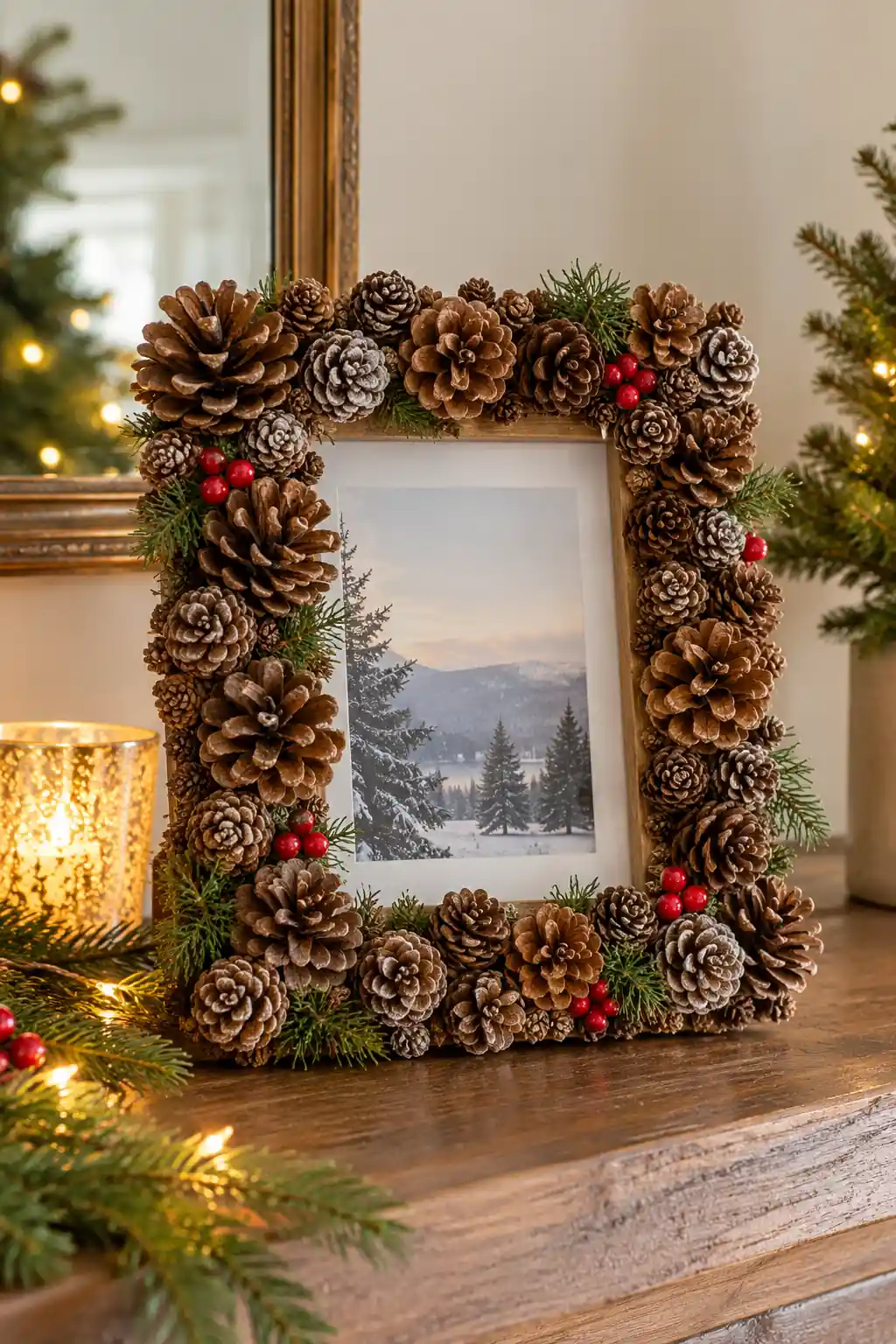 Pinecone covered wooden frame, one of these christmas frame ideas