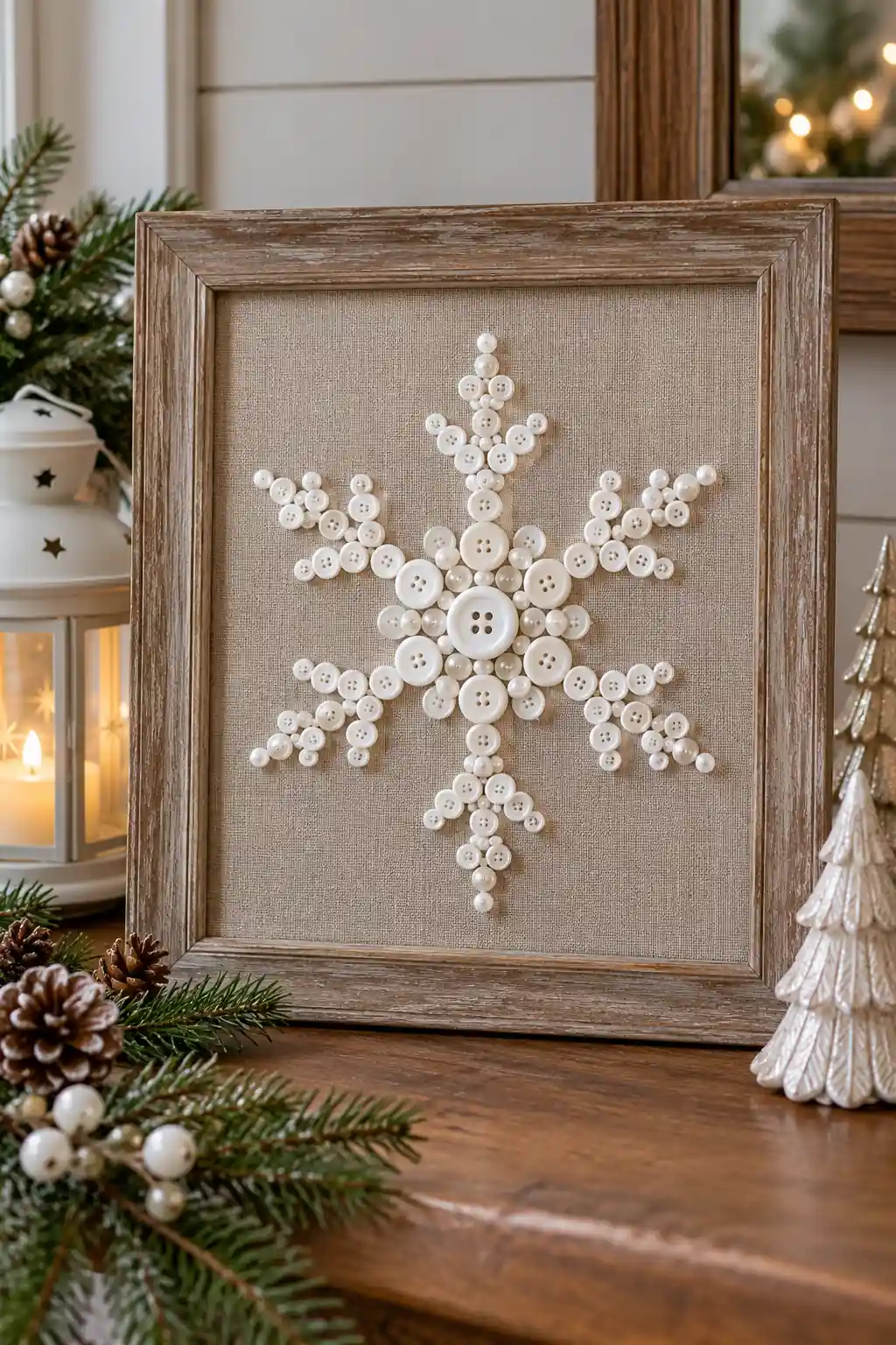 16 white button snowflake frame