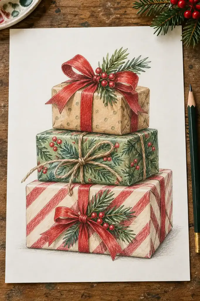 Pencil wrapped gift stack, one of these christmas gift drawing ideas
