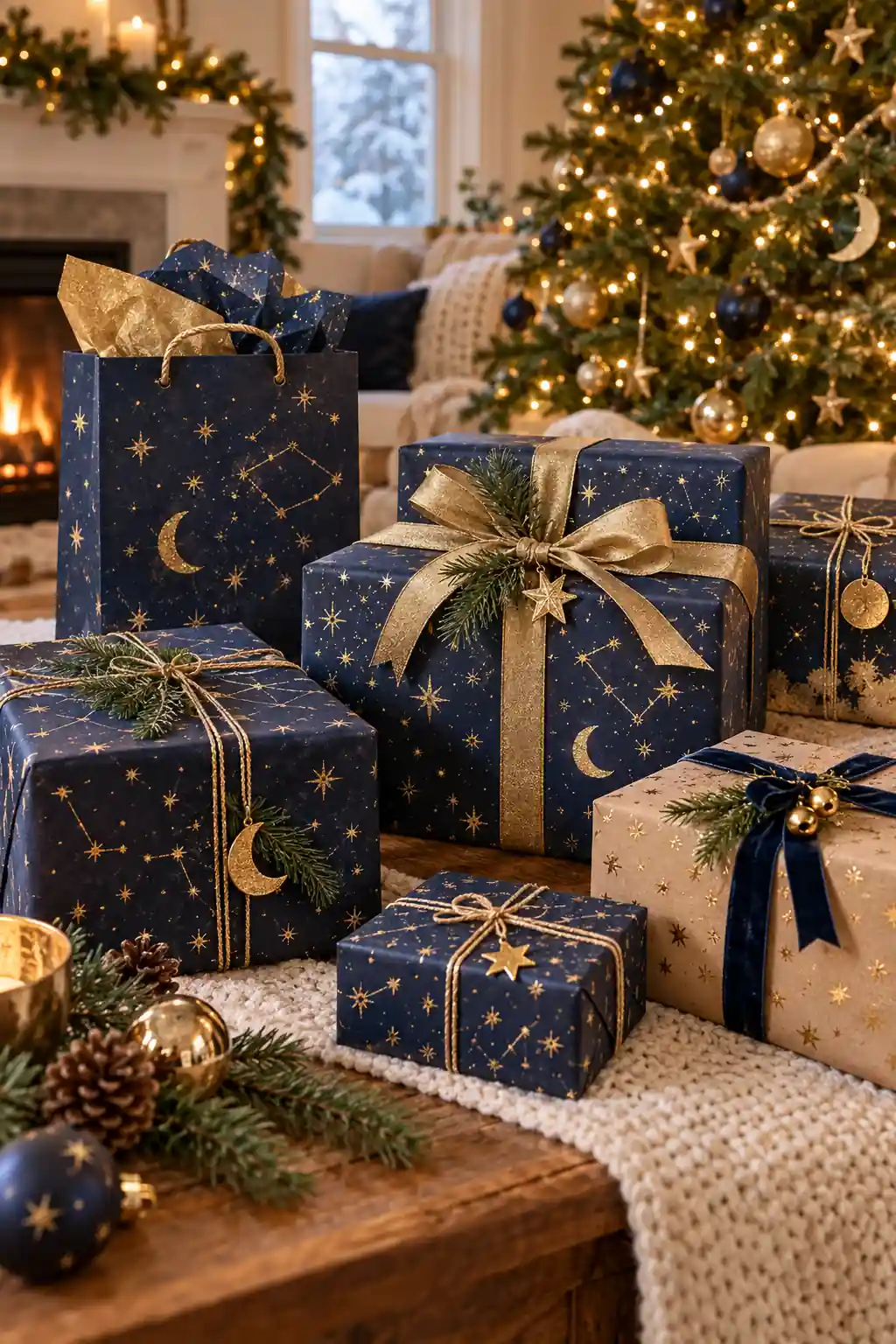 Navy and gold constellation wrap, one of these christmas gift wrapping ideas