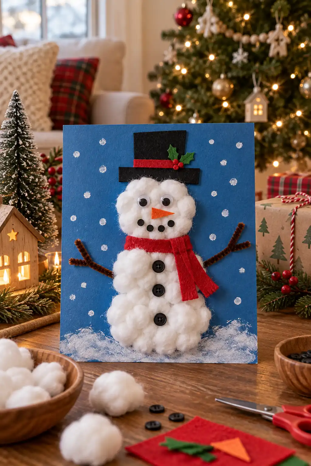 17 cotton ball snowman art