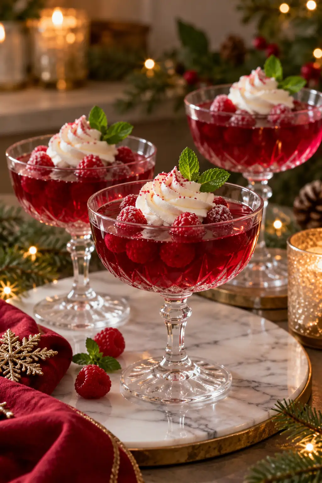 10 raspberry gelatin dessert in stem glasses