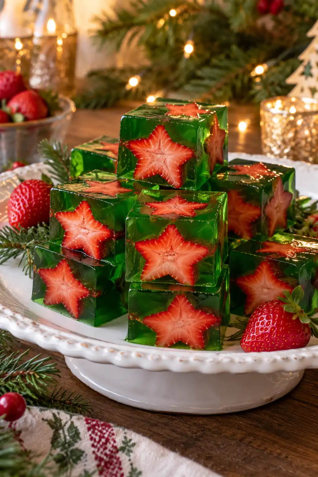 15 green gelatin cubes with strawberry stars