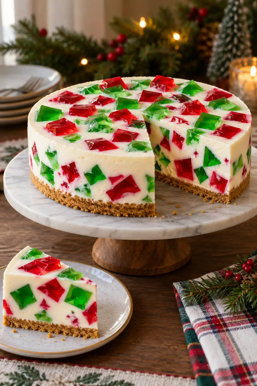 16 red green mosaic gelatin cheesecake