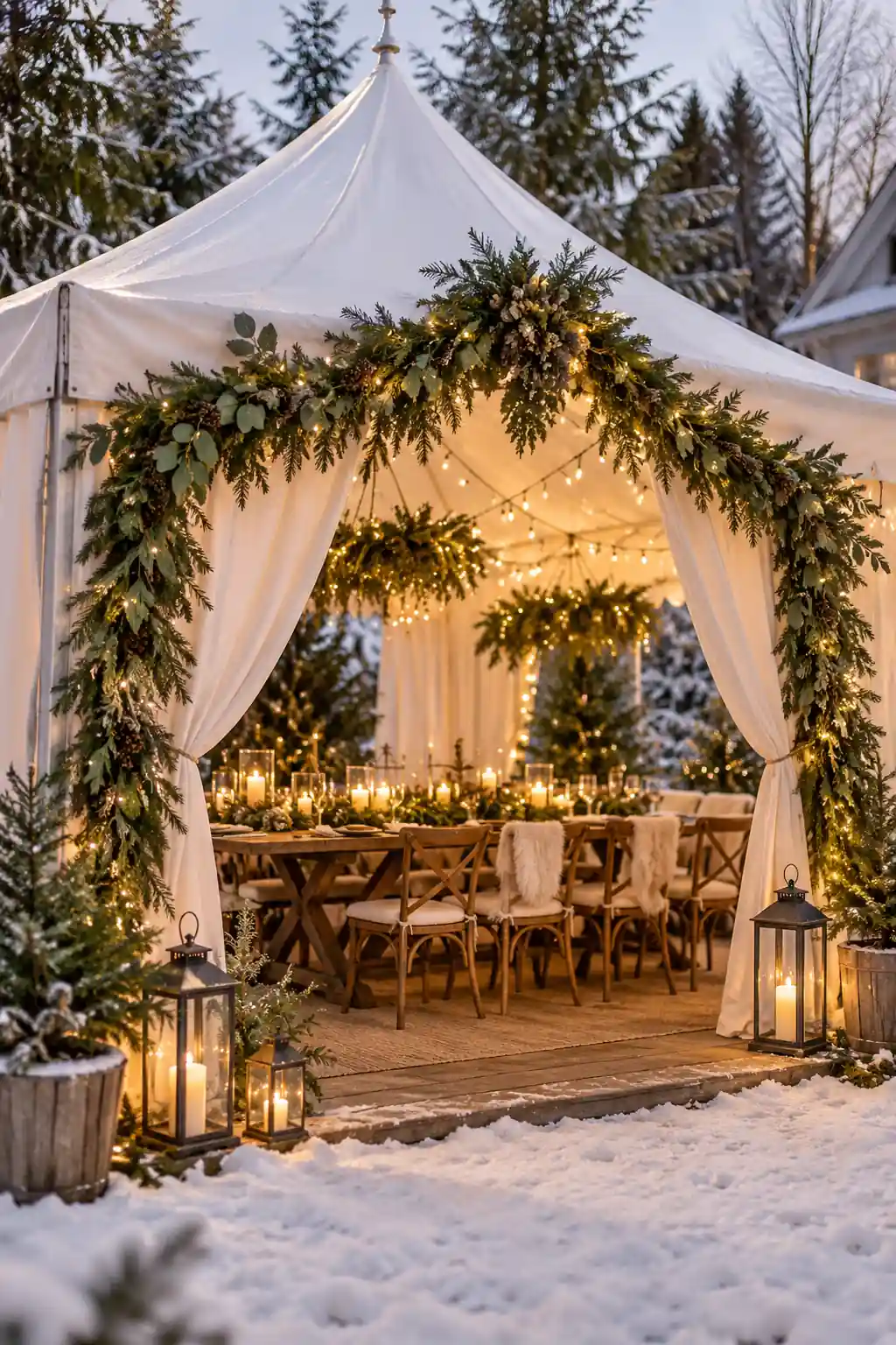 10 white winter party marquee tent with greenery