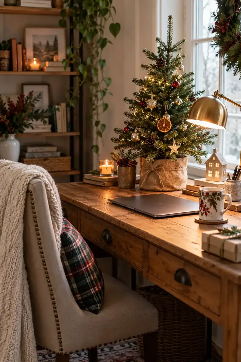 A small Christmas tree beside a lamp on a wooden desk