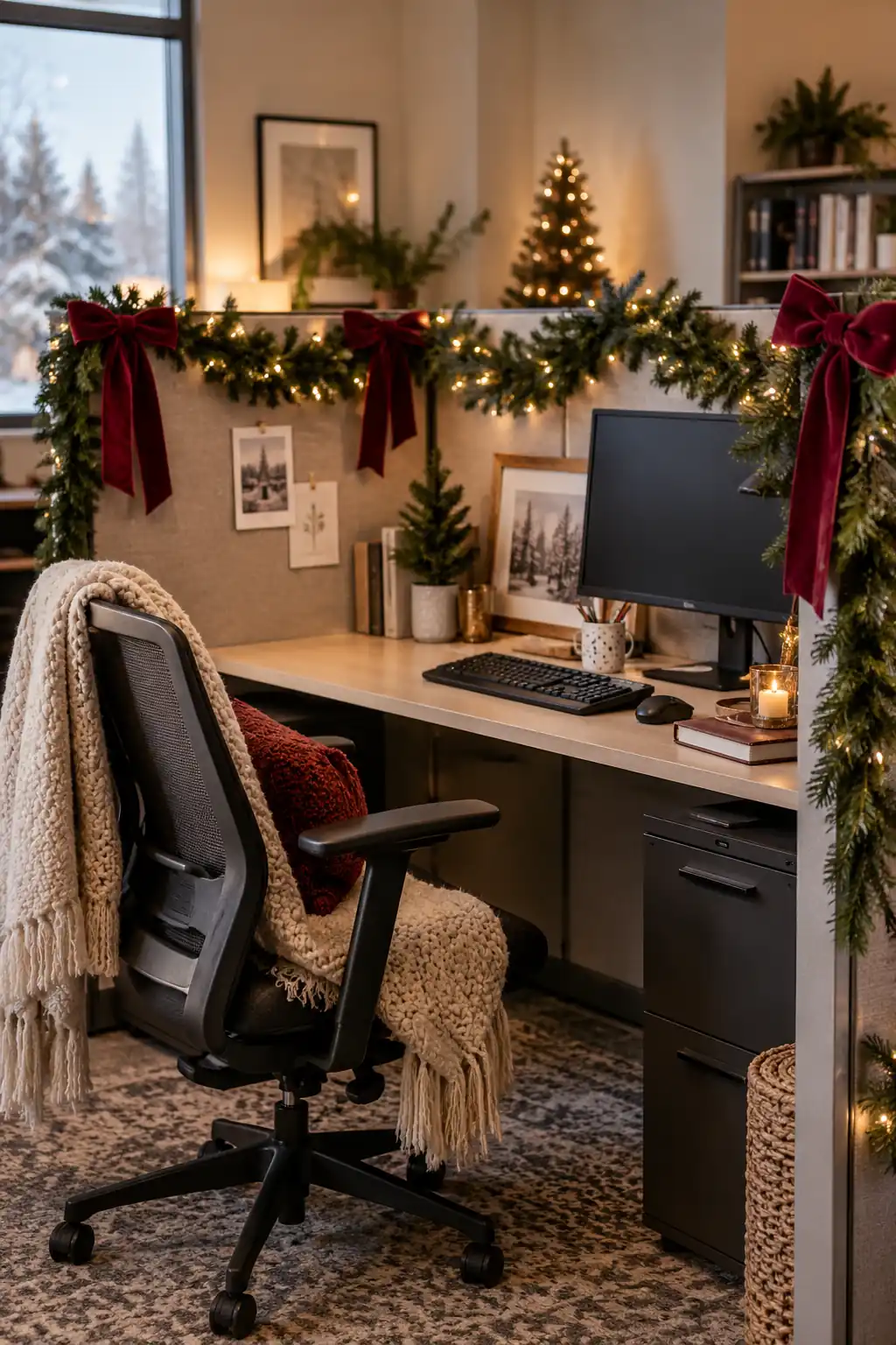 Evergreen garland with red ribbons along an office cubicle partition