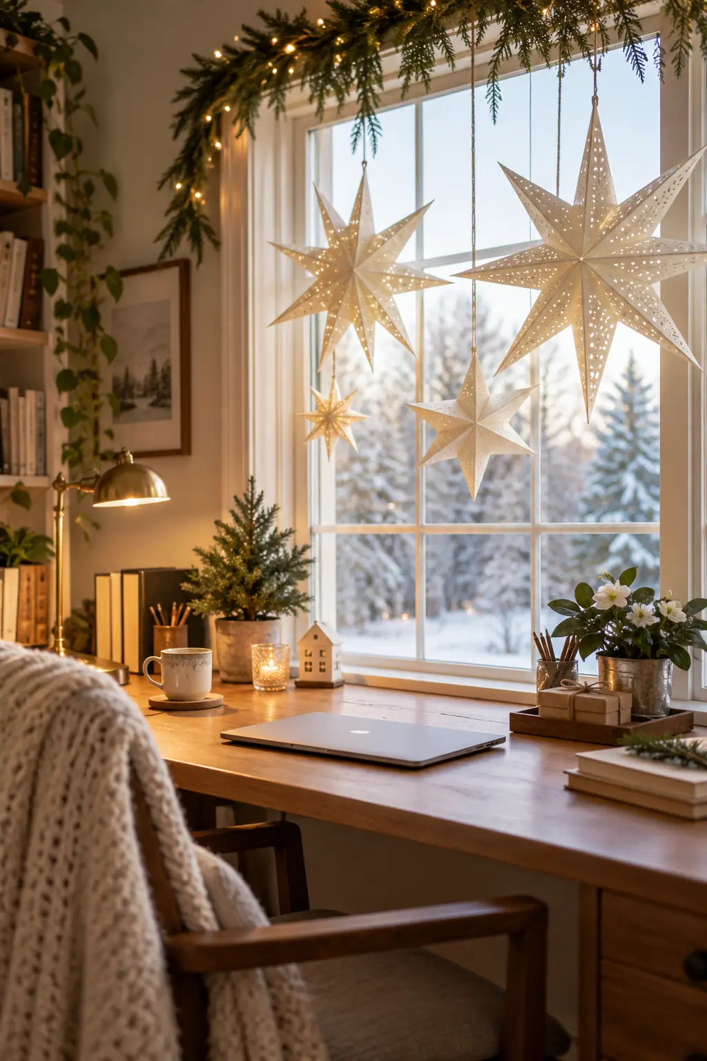 Large white paper stars hanging over a desk by a window